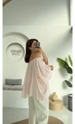 Yakası Lastikli Yarasa Kol Bluz - Şeker Pembesi - 4978