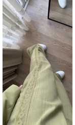 Yanı Dantel Şeritli Haki Keten Palazzo Pantolon