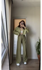 Yanı Dantel Şeritli Haki Keten Palazzo Pantolon