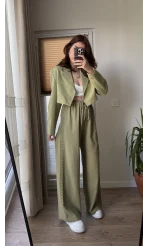 Yanı Dantel Şeritli Haki Keten Palazzo Pantolon