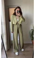 Yanı Dantel Şeritli Haki Keten Palazzo Pantolon