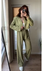 Yanı Dantel Şeritli Haki Keten Palazzo Pantolon