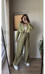 Yanı Dantel Şeritli Haki Keten Palazzo Pantolon