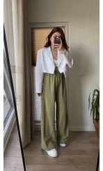 Yanı Dantel Şeritli Haki Keten Palazzo Pantolon