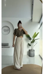 Yanı Dantel Şeritli Taş Keten Palazzo Pantolon