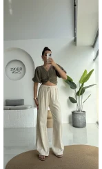 Yanı Dantel Şeritli Taş Keten Palazzo Pantolon
