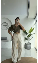 Yanı Dantel Şeritli Taş Keten Palazzo Pantolon