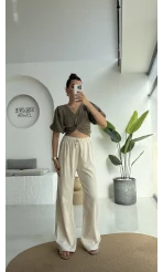 Yanı Dantel Şeritli Taş Keten Palazzo Pantolon