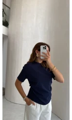 Yanı Pileli Arkası Yırtmaçlı Bluz - Lacivert - Kod: 4559