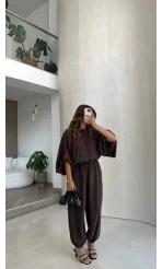 Yarasa Kol Bluz Şalvar Pantolon Takım - Kahverengi - Kod: 3630 4183