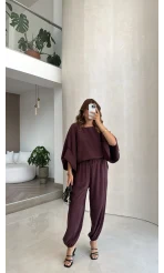 Yarasa Kol Bluz Şalvar Pantolon Takım - Mürdüm - Kod: 3630 4183