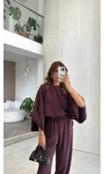 Yarasa Kol Bluz Şalvar Pantolon Takım - Mürdüm - Kod: 3630 4183