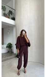Yarasa Kol Bluz Şalvar Pantolon Takım - Mürdüm - Kod: 3630 4183