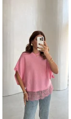 Yarasa Kol Dantel Detay Bluz - Pembe - Kod: 2716