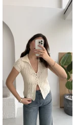 Yarım Kol Ajurlu Polo Yaka Hırka - Krem - Kod: 4817