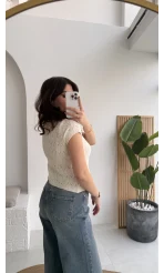 Yarım Kol Ajurlu Polo Yaka Hırka - Krem - Kod: 4817