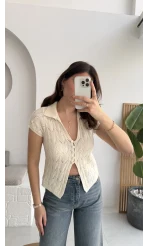 Yarım Kol Ajurlu Polo Yaka Hırka - Krem - Kod: 4817