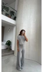Yarım Kol Bluz Beli Lastikli Pantolon Takım - Gri - Kod: 4166