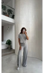Yarım Kol Bluz Beli Lastikli Pantolon Takım - Gri - Kod: 4166