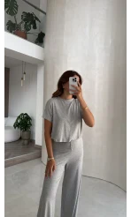 Yarım Kol Bluz Beli Lastikli Pantolon Takım - Gri - Kod: 4166