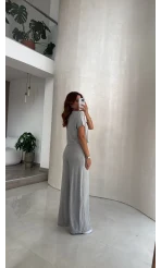 Yarım Kol Bluz Beli Lastikli Pantolon Takım - Gri - Kod: 4166