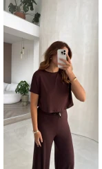 Yarım Kol Bluz Beli Lastikli Pantolon Takım - Kahve - Kod: 4166