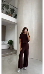 Yarım Kol Bluz Beli Lastikli Pantolon Takım - Kahve - Kod: 4166