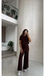 Yarım Kol Bluz Beli Lastikli Pantolon Takım - Kahve - Kod: 4166