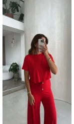 Yarım Kol Bluz Beli Lastikli Pantolon Takım - Kırmızı - Kod: 4166