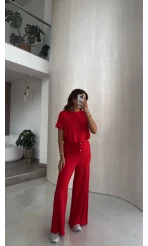 Yarım Kol Bluz Beli Lastikli Pantolon Takım - Kırmızı - Kod: 4166