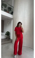 Yarım Kol Bluz Beli Lastikli Pantolon Takım - Kırmızı - Kod: 4166