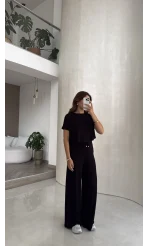 Yarım Kol Bluz Beli Lastikli Pantolon Takım - Siyah - Kod: 4166