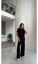Yarım Kol Bluz Beli Lastikli Pantolon Takım - Siyah - Kod: 4166