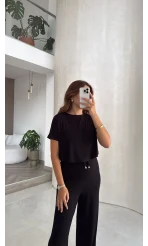Yarım Kol Bluz Beli Lastikli Pantolon Takım - Siyah - Kod: 4166