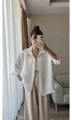 Yarım Kol Çizgili Oversize Gömlek