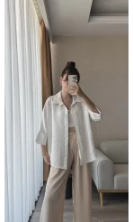 Yarım Kol Çizgili Oversize Gömlek