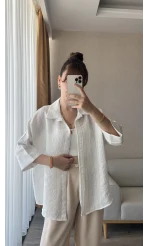 Yarım Kol Çizgili Oversize Gömlek