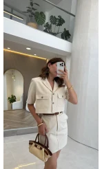 Yarım Kol Kemerli Ceket-Etek Takım - Bej - Kod: 581134