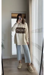 Yazılı Leopar Triko Kazak Bej