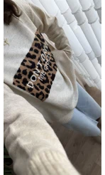 Yazılı Leopar Triko Kazak Bej
