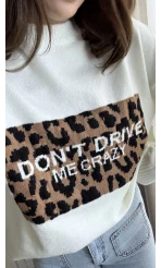 Yazılı Leopar Triko Kazak Ekru
