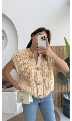 Yelek Büyük Düğmeli Örgü - Krem