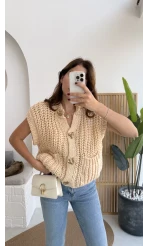 Yelek Büyük Düğmeli Örgü - Krem