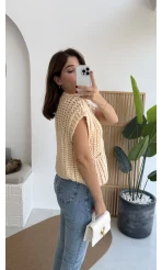 Yelek Büyük Düğmeli Örgü - Krem