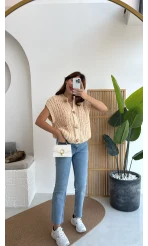 Yelek Büyük Düğmeli Örgü - Krem