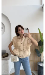 Yelek Büyük Düğmeli Örgü - Krem