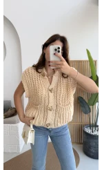 Yelek Büyük Düğmeli Örgü - Krem