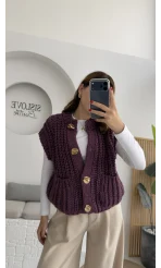 Yelek Büyük Düğmeli Örgü - Mor