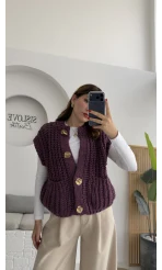 Yelek Büyük Düğmeli Örgü - Mor
