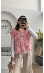 Yelek Büyük Düğmeli Örgü - Pembe